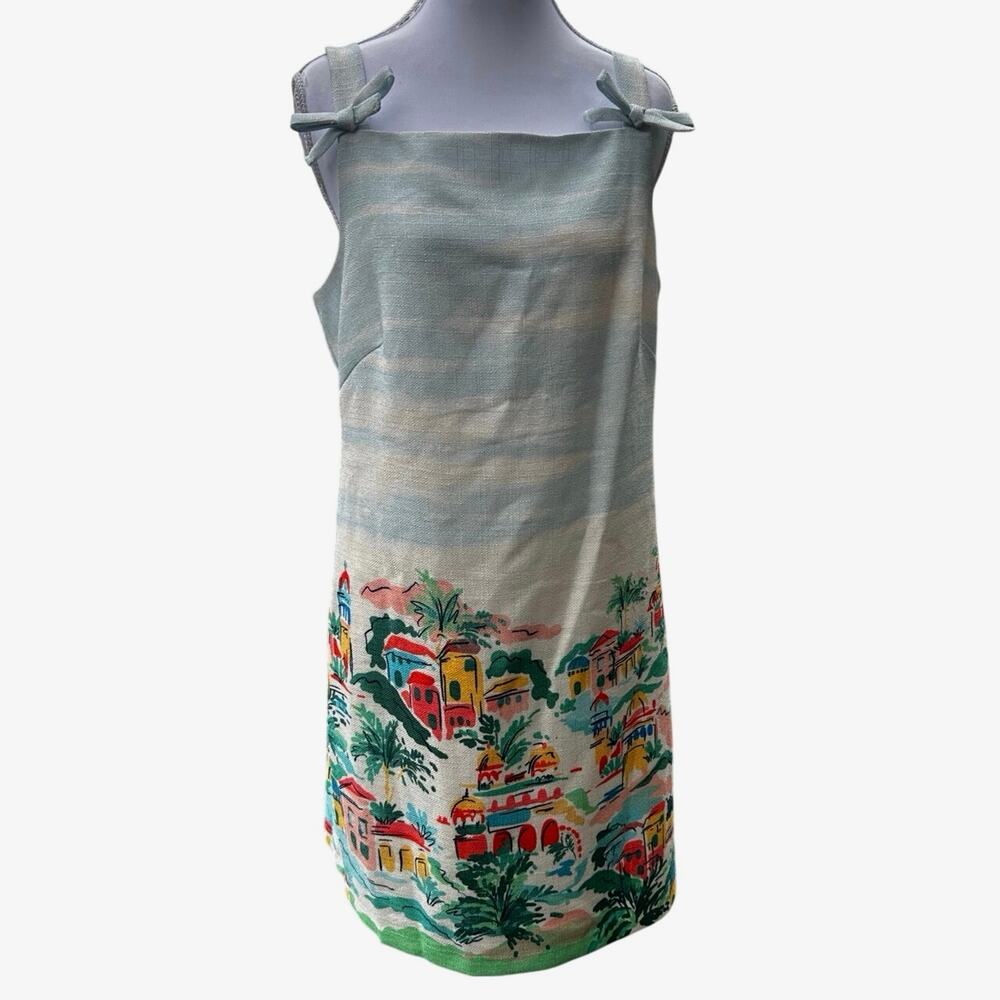 Eliza J Mediterranean Coastal Print Sleeveless Bow Strap 8 Resort Shift Dress.